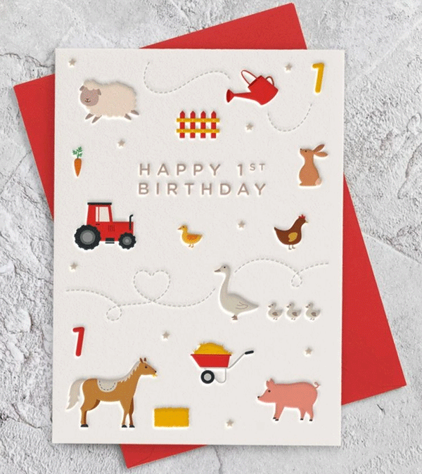 Age 1 Farm Animals Letterpress Style Birthday Card by Heyyy Ltd