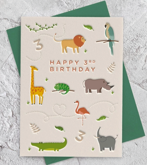 Age 3 Zoo Animals Letterpress Style Birthday  Card by Heyyy Ltd