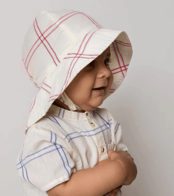 Red Check Baby Alba Long Sun Hat by MarMar Copenhagen - Niddle Noddle