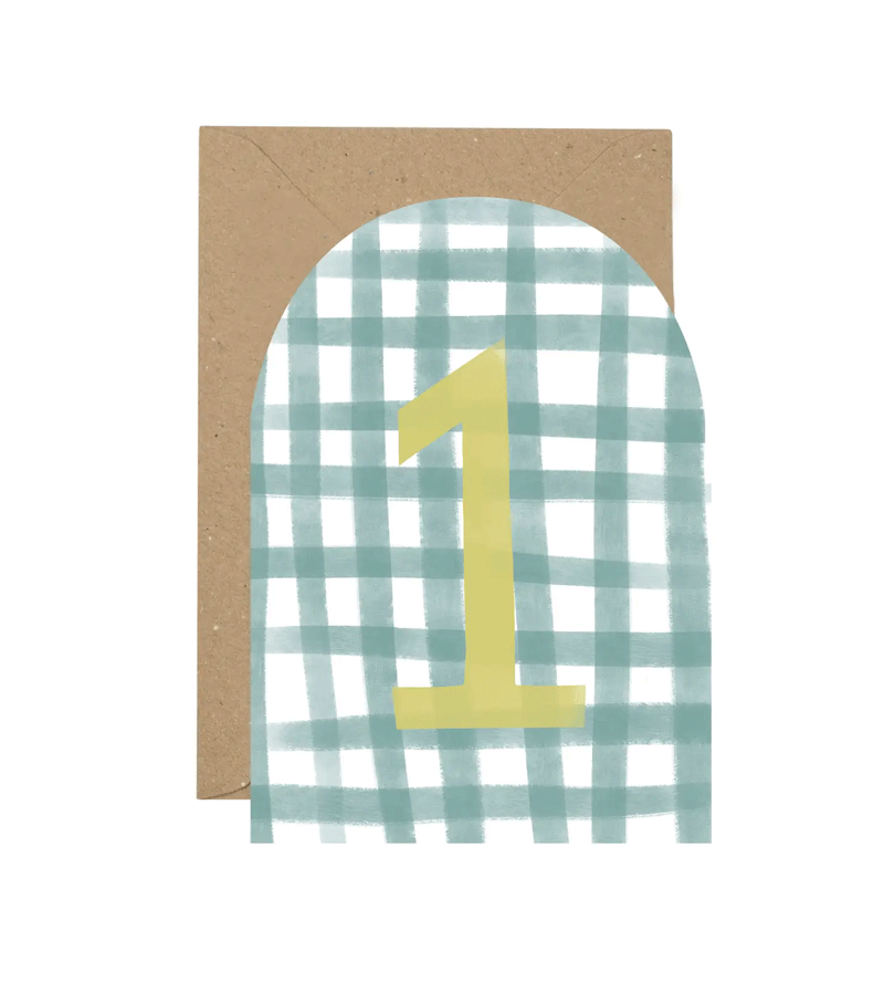 Age 1 Gingham in Blue and Green Birthday Card by Plewsy