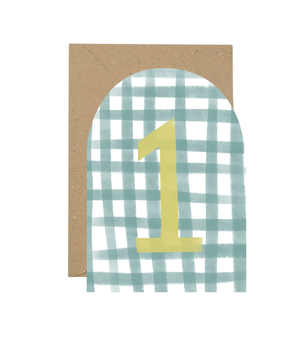 Age 1 Gingham in Blue and Green Birthday Card by Plewsy
