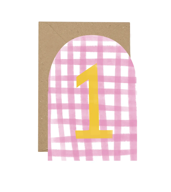 Age 1 Gingham in Pink and Yellow Birthday Card by Plewsy
