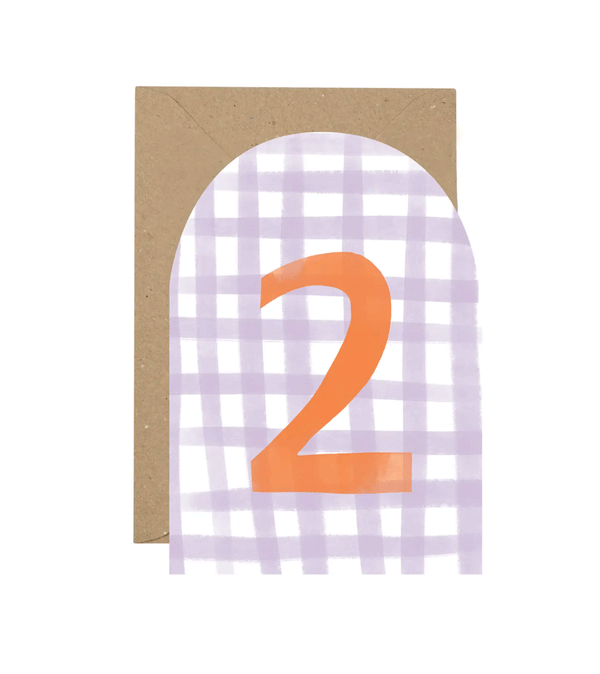 Age 2 Gingham in Lilac and Orange Birthday Card by Plewsy