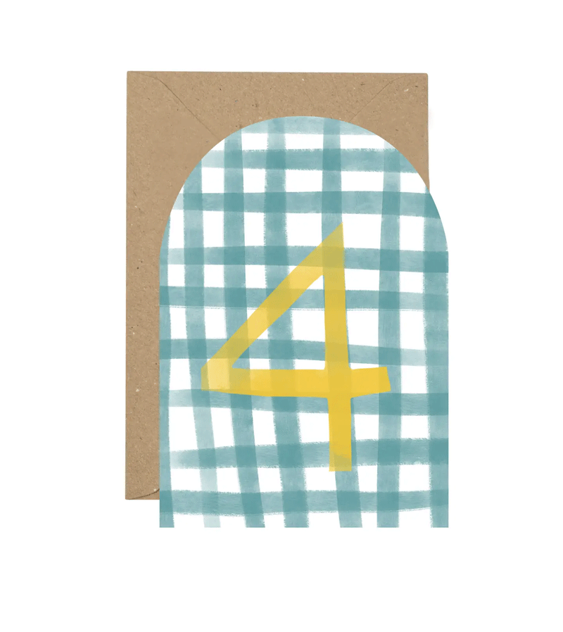 Age 4 Gingham in Blue and Yellow Birthday Card by Plewsy