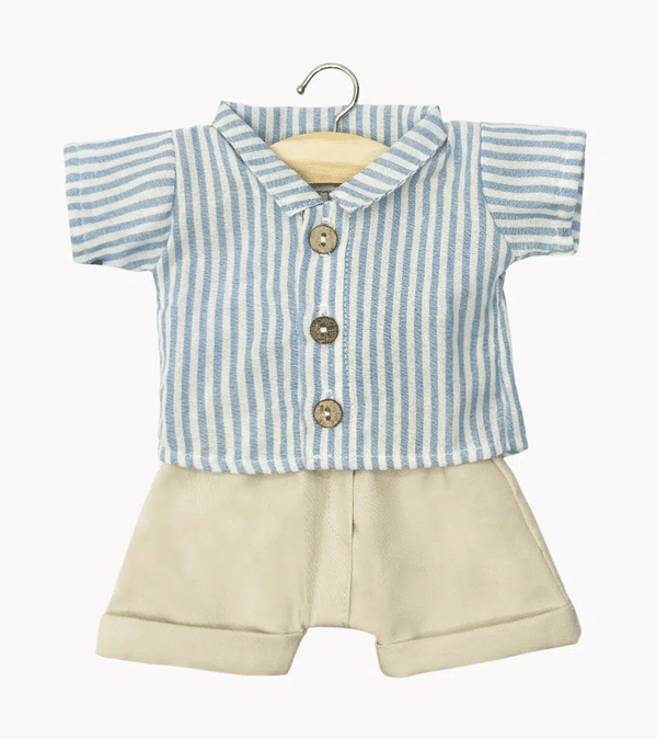 Blue Striped Leopold Shirt and Beige Suspender Pants Set for Baby Doll by Minikane