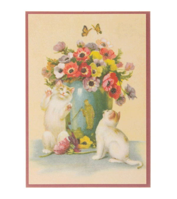 Large Retro Glitter Postcard of Kittens by a Vase of Flowers