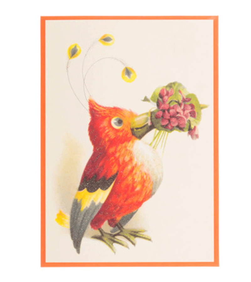 Large Retro Glitter Postcard of Funny Bird with Flowers