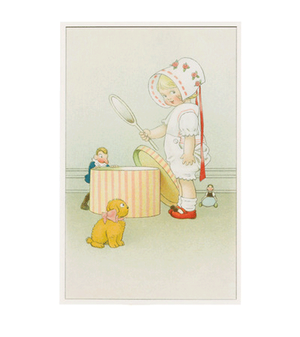 Girl with Toys and Hat Box Retro Postcard