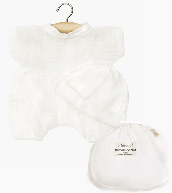 Noa Romper and Hat Set in White Cotton Gauze with Pouch or Baby Dolls by Minikane