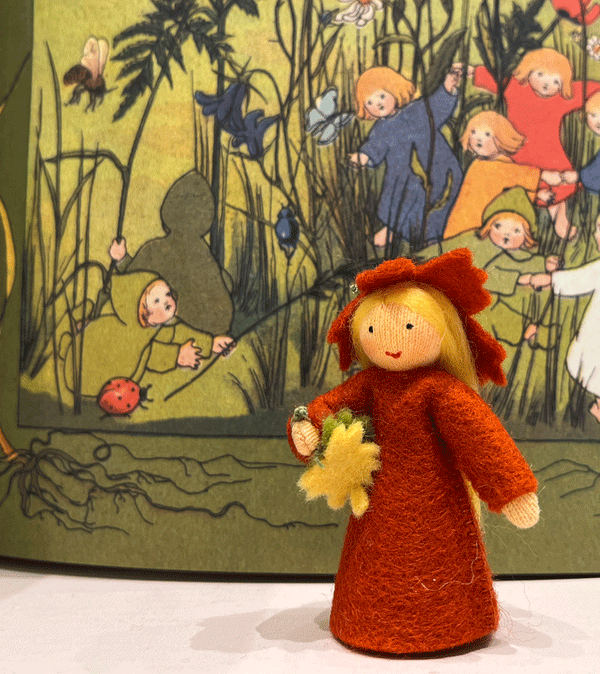Olive Skin Autumn Leaf Waldorf Felt Doll - Niddle Noddle