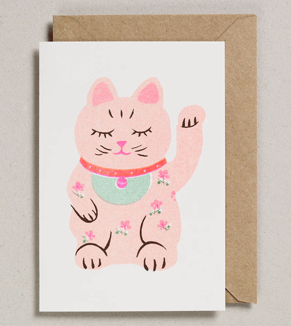 Lucky Cat Riso Papercut Card by Petra Boase