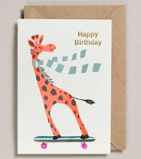 Skateboarding Giraffe Happy Birthday Card by Petra Boase