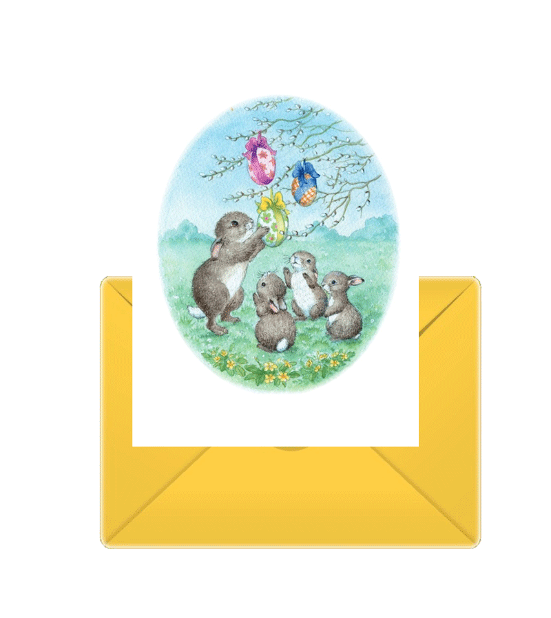 Rabbits with hanging Eggs Card by Jean Gilder