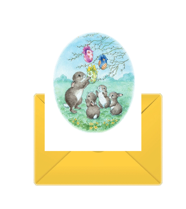 Rabbits with hanging Eggs Card by Jean Gilder - Niddle Noddle