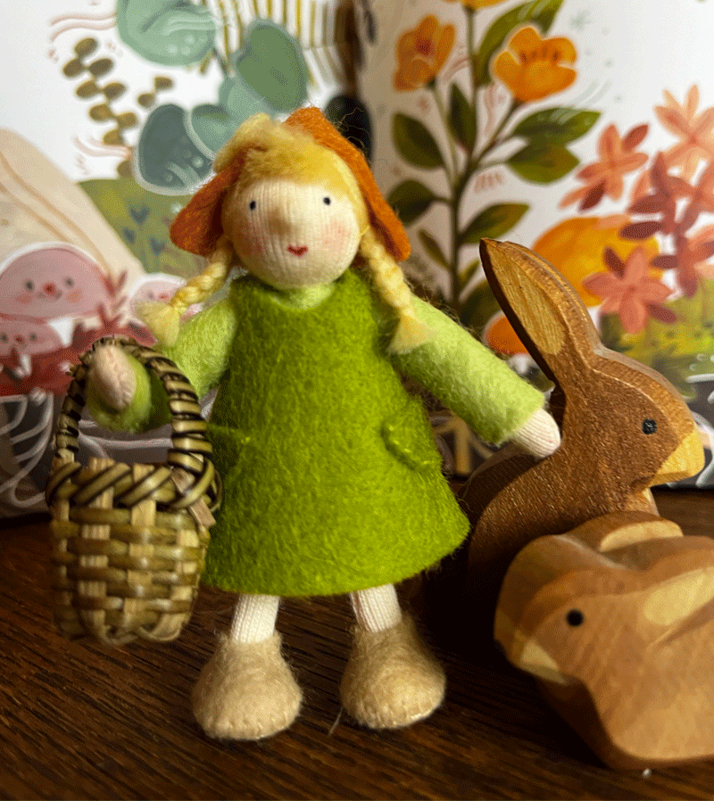 Light Skin Little Girl Gnome with Basket Waldorf Felt Doll