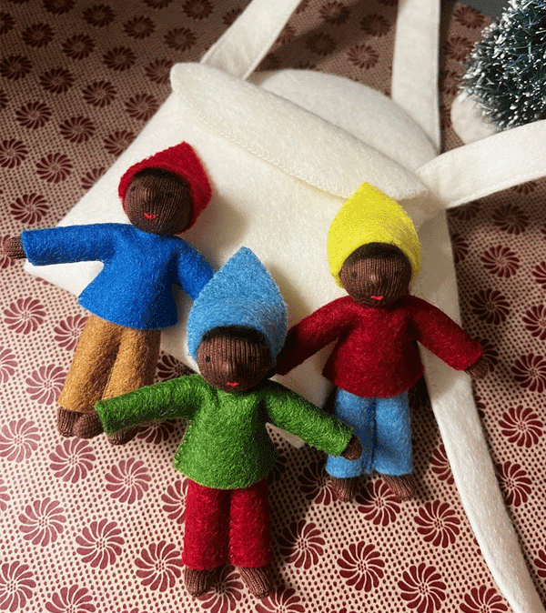 Set of 3 Black Waldorf Gnome in Felt Bag