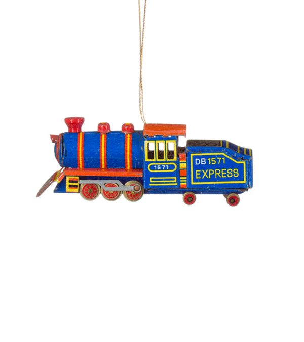 Blue Tin Train Locomotive Ornament