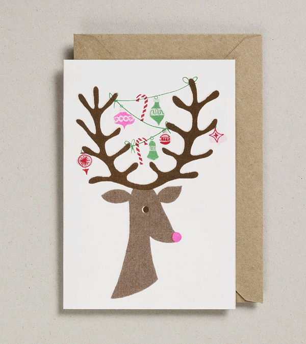 Reindeer Head Riso Christmas Card by Petra Boase - Niddle Noddle