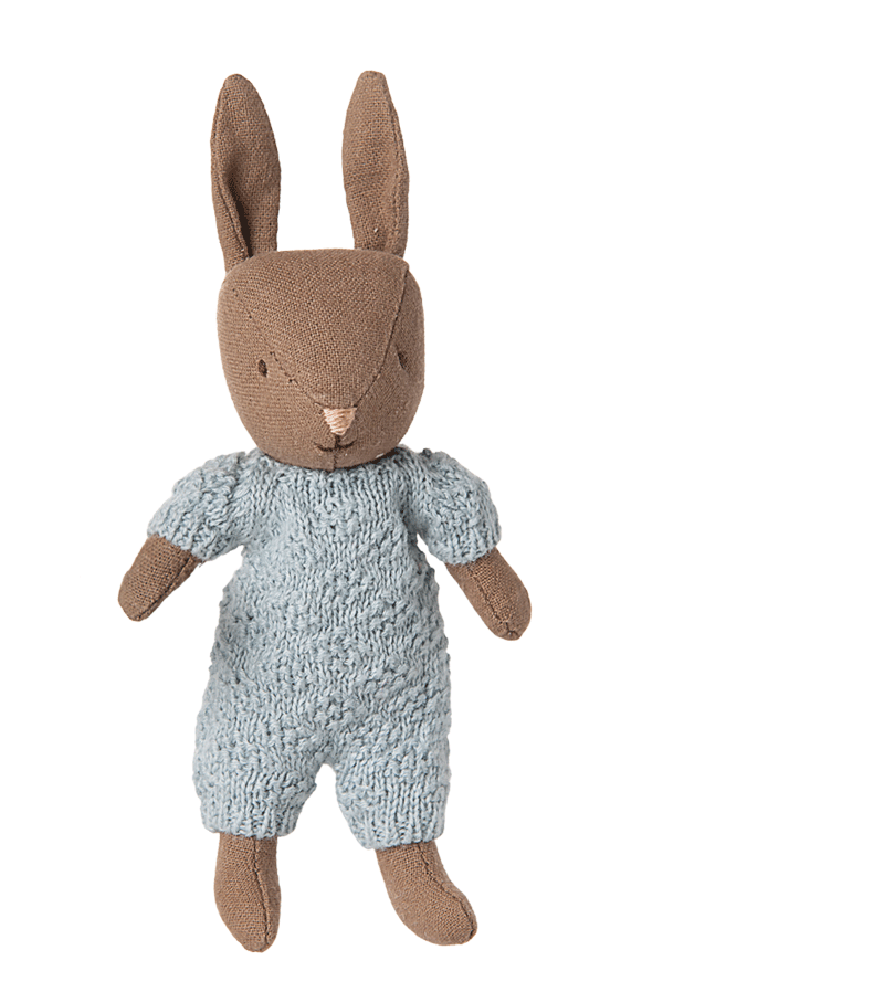 Micro Brown Rabbit in Blue Knitted Suit by maileg