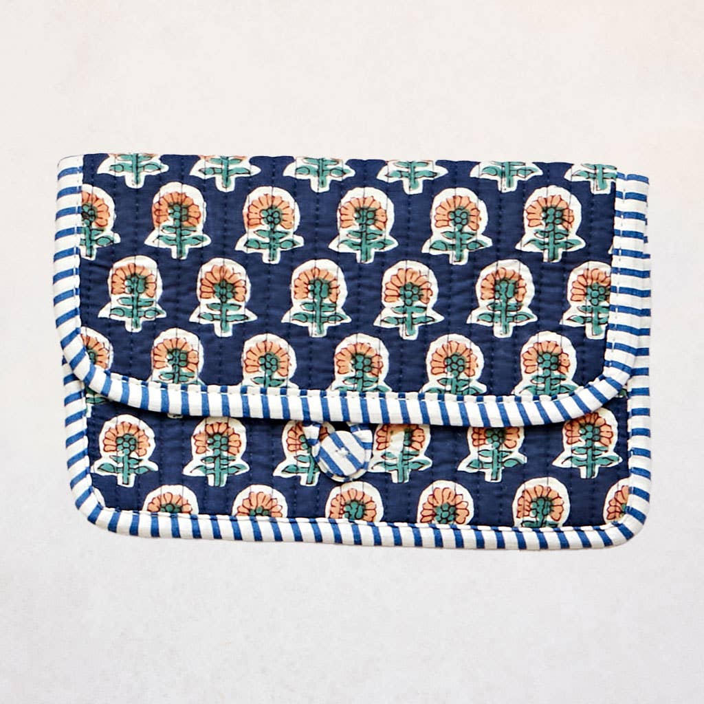 Cream & Marine Flowers Handmade Quilted Cotton Clutch Purse