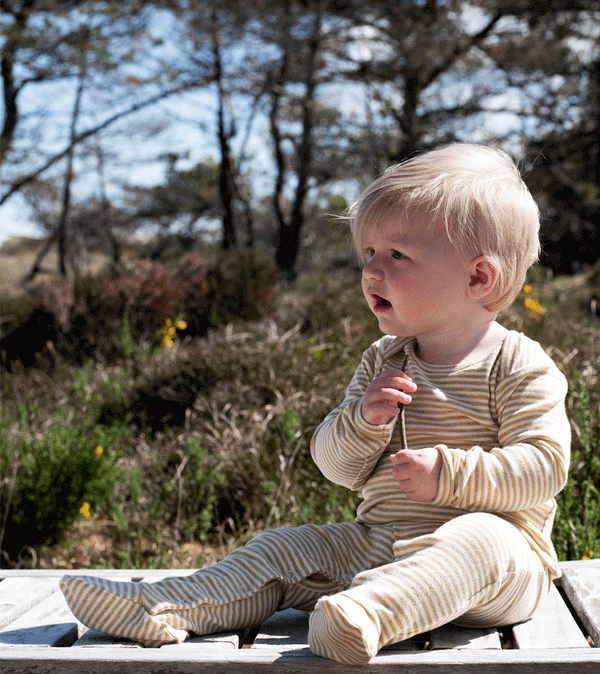 Chamomile and Ecru Stripe Organic Cotton Romper by Serendipity