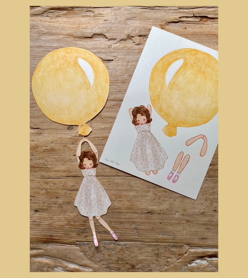 Paper Decoration to Hang Girl with Yellow Balloon by Tall Hat Tales