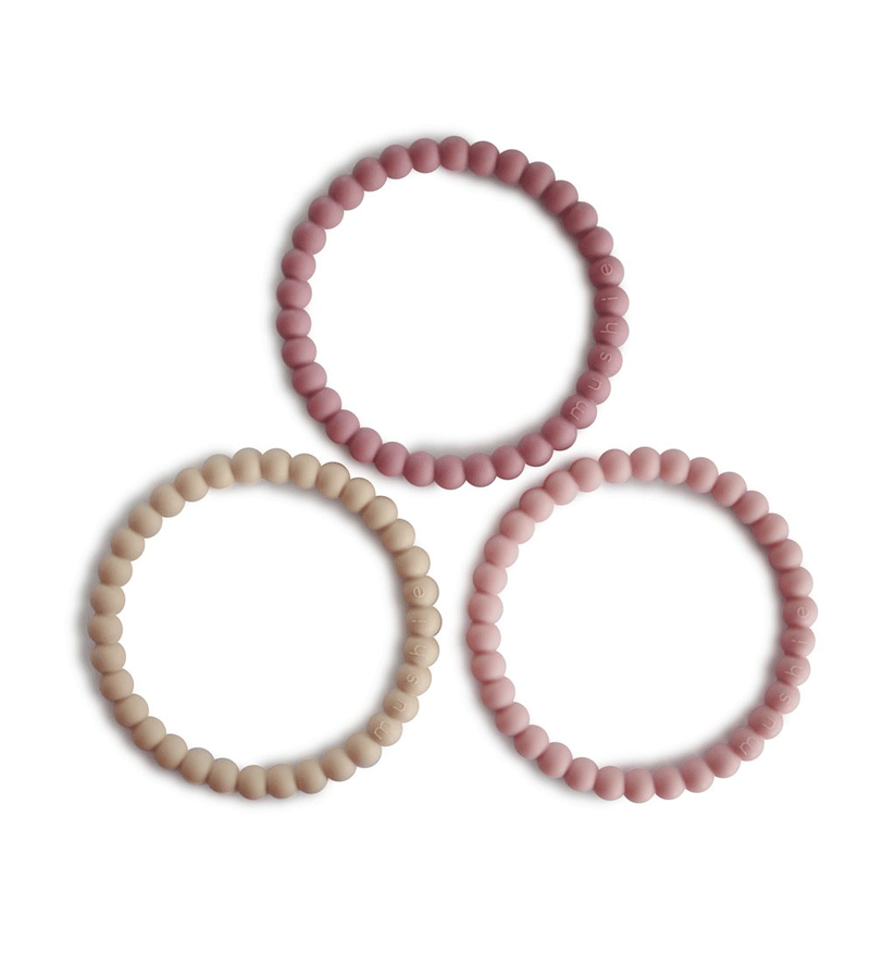 Set of 3 Pearl Teether Bracelets in Linen, Peony & Pale Pink by Mushie