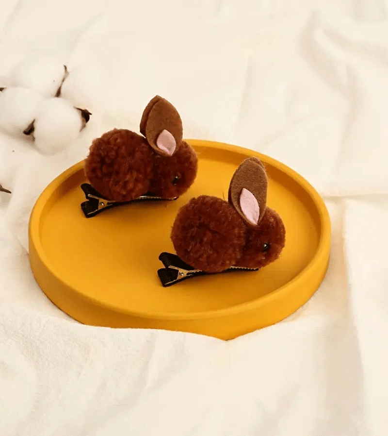 Dark Brown Rabbit Pom Pom Hair Clip