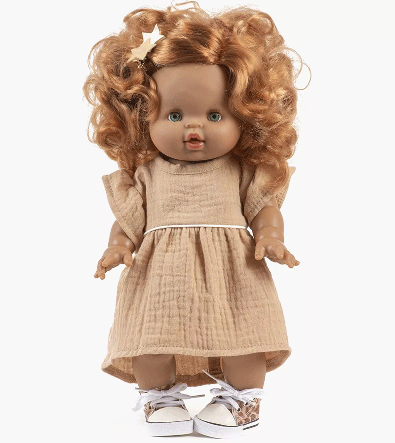 Daisy Dress & Headband in Latte Cotton Gauze for MiniKane Baby Dolls