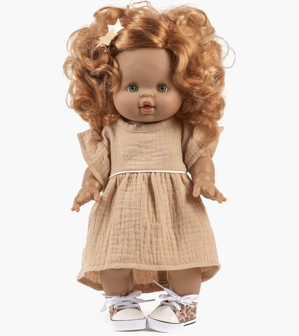 Daisy Dress & Headband in Latte Cotton Gauze for MiniKane Baby Dolls
