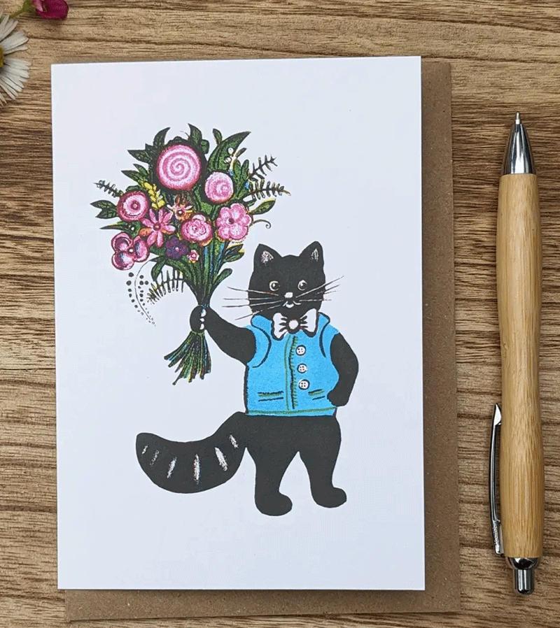 Black Cat in Shirt with Bouquet Greeting Card by Kapelki Art
