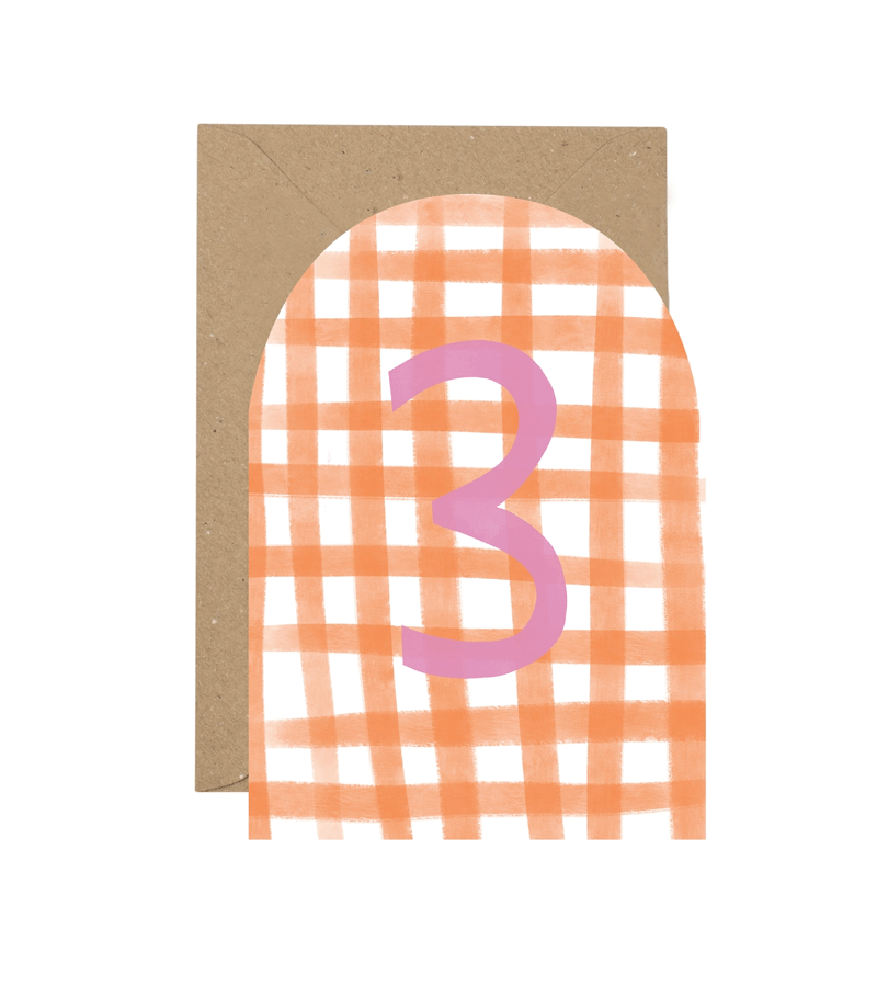 Age 3 Gingham in Orange and Pink Birthday Card by Plewsy
