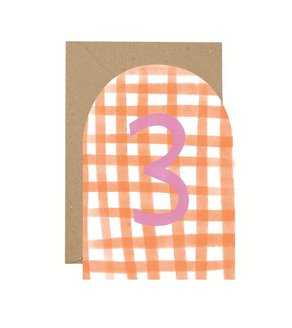Age 3 Gingham in Orange and Pink Birthday Card by Plewsy