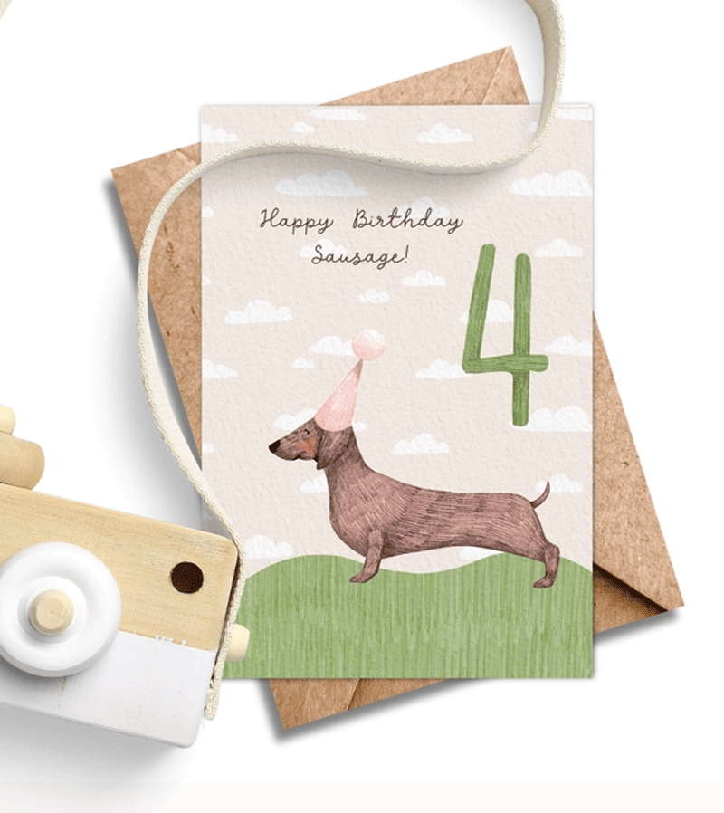 Age 4 Sausage Dog Birthday Card by Ilana Ewing Designs