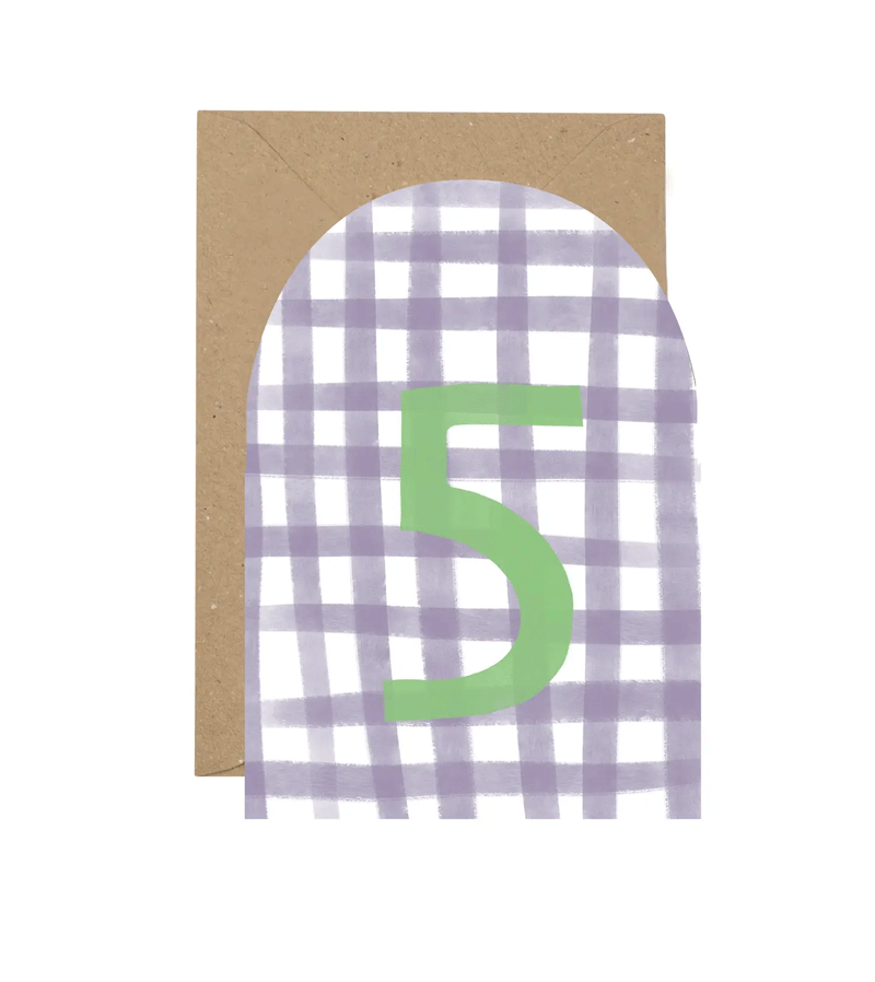 Age 5 Gingham in Purple and Green Birthday Card by Plewsy