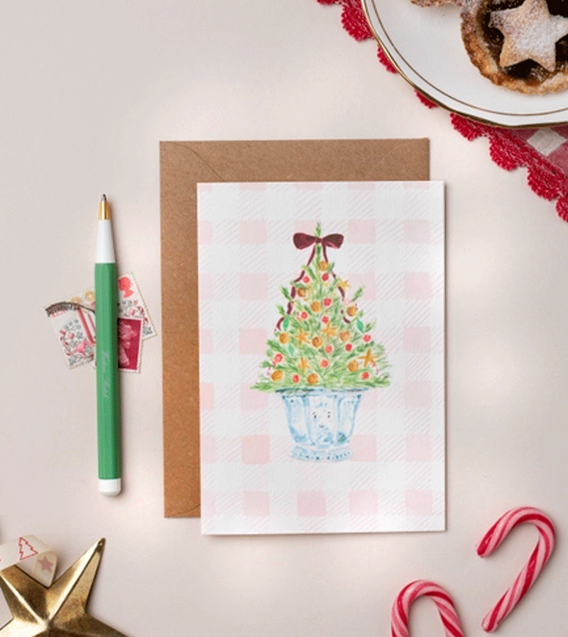 Christmas Tree On Gingham Check Christmas Card by Western Sketch