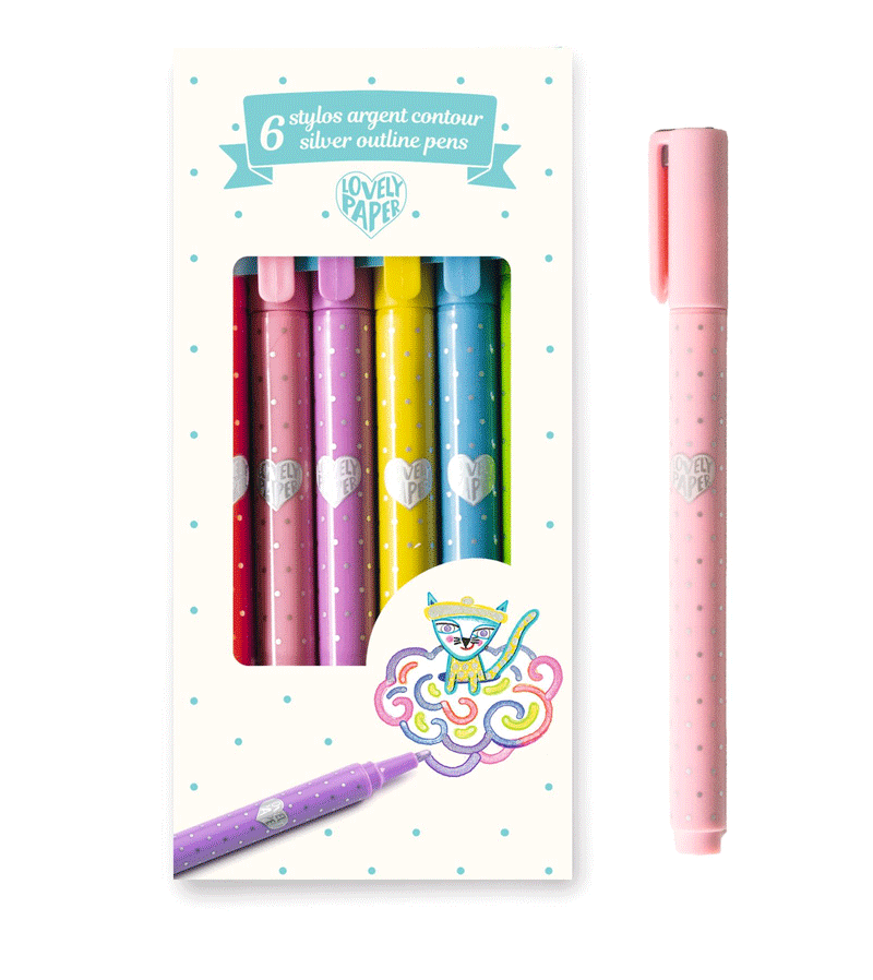 6 Silver Contour Pens  by Djeco Lovely Paper