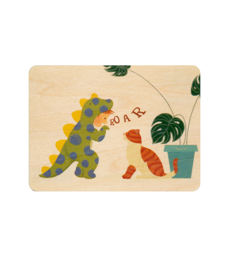 Dino Boy and Cat Mini Wooden Card by WOODHI