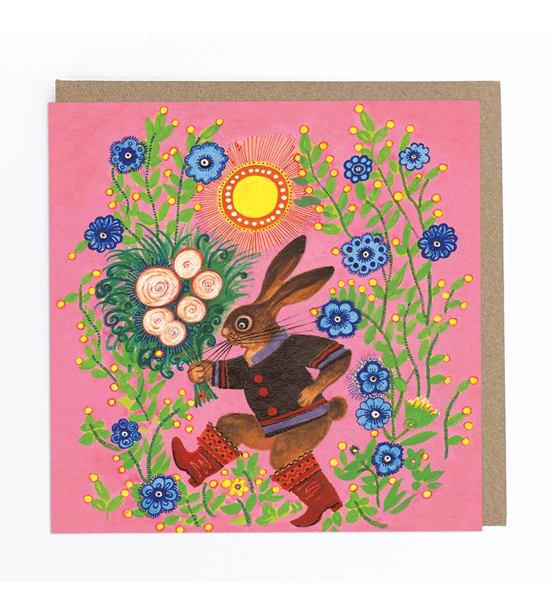 Bunny with Flowers Blank Greeting Card by Kapelki Art