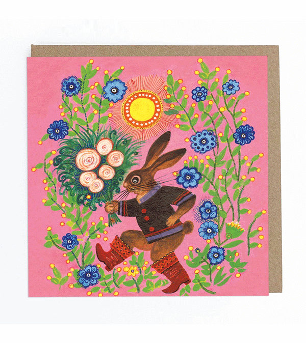 Bunny with Flowers Blank Greeting Card by Kapelki Art