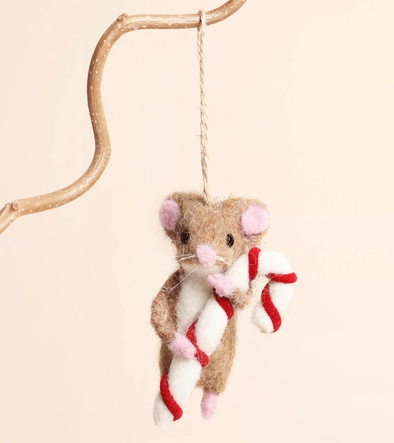 Felt Candy Cane Mouse Hanging Decoration
