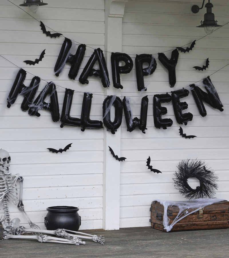 Happy Halloween Balloon Bunting with Hanging Bats and Cobwebs by Ginger Ray