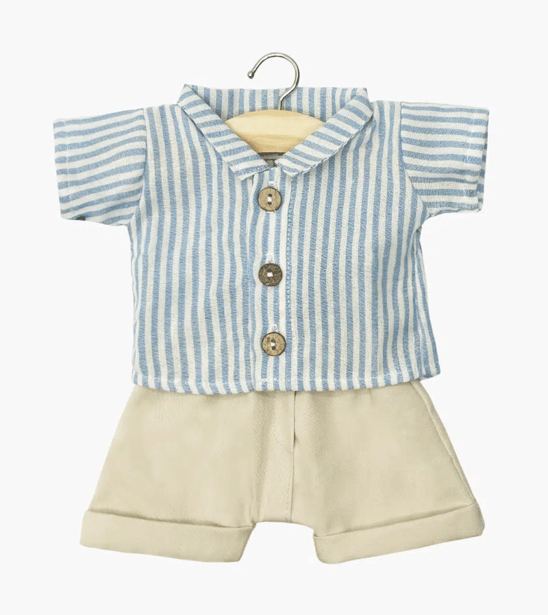Blue Striped Leopold Shirt and Beige Suspender Pants Set for Baby Doll by Minikane