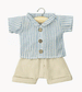 Blue Striped Leopold Shirt and Beige Suspender Pants Set for Baby Doll by Minikane