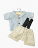 Blue Striped Leopold Shirt and Beige Suspender Pants Set for Baby Doll by Minikane