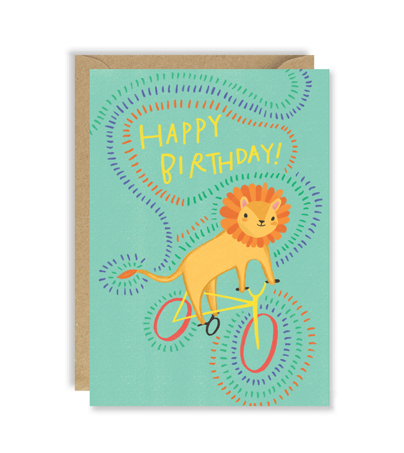 Lion on a Bike Birthday Card by Joy Neveda