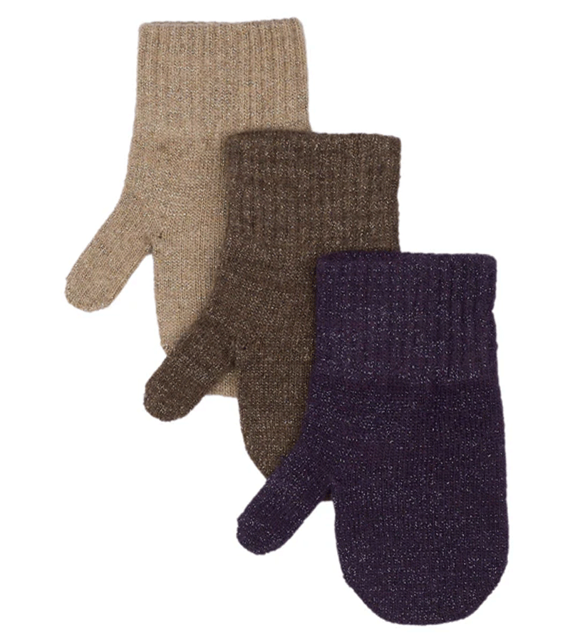 Beige, Brown & Purple Glitter 3 Pack Magic Merino Wool Mittens by Mikk-Line