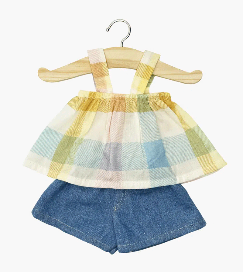 Mila Pastel Tartan Check Top and Denim Shorts Set for Baby Doll by Minikane