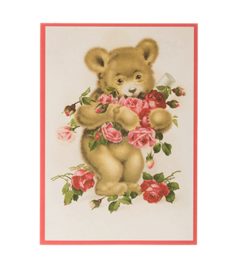 Large Retro Glitter Postcard of Cute Bear with Roses