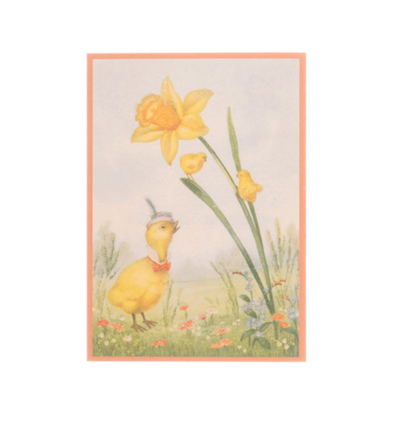 Large Retro Glitter Postcard of Chick and Daffodils